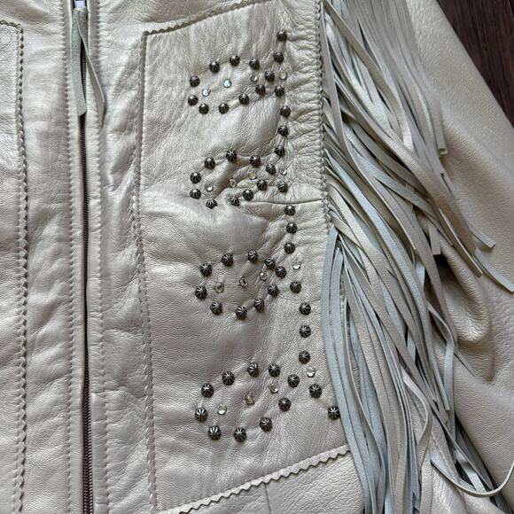 Patricia Wolf Pearlized Leather Fringe Jacket Beige Women’s 10 Made in Texas - Picture 13 of 13